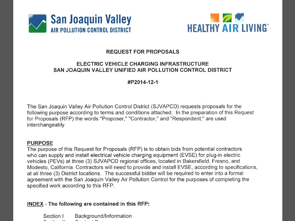RFP for Electric Vehicle Charging Infrastructure, San Joaquin Valley